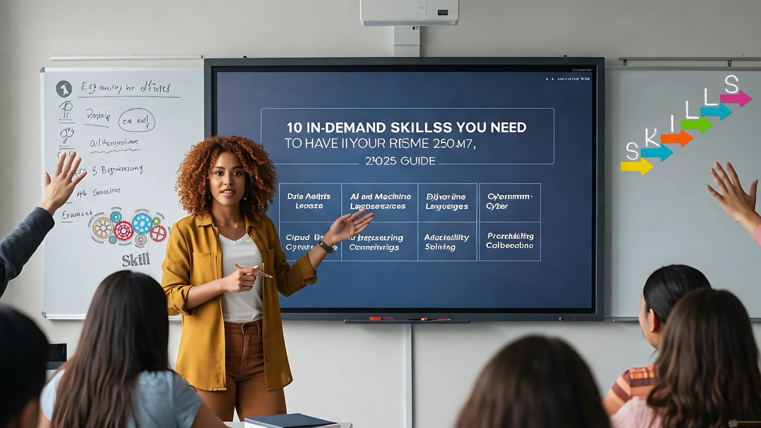 Classroom teacher highlights 10 in-demand skills for 2025 on a screen.