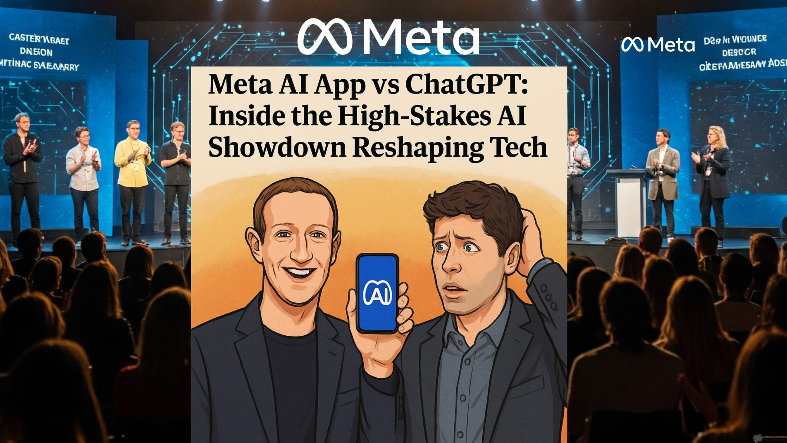 Meta AI App vs ChatGPT: Illustration of Mark Zuckerberg with the Meta AI app facing off against ChatGPT in the AI tech war.
