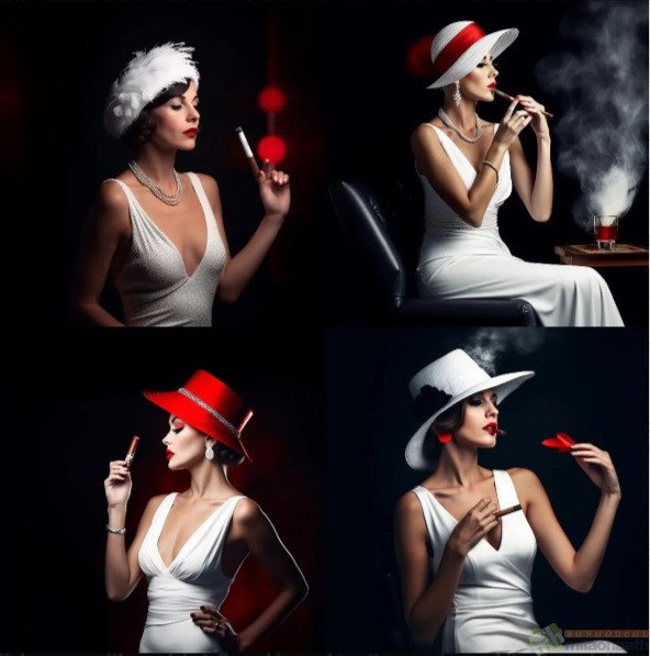 Prompt: “a beautiful woman with a red+hat smoking a cigarette, wearing a white+dress, intense sight, cinematic lighting, dark background, hyper-realistic, hyper-detailed, 8k — no malformed, doubled, low, ugly”