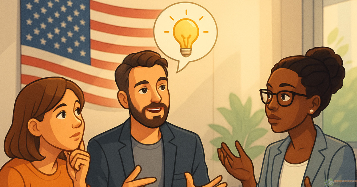 Three diverse people collaborating on business ideas in the USA, with the American flag in the background and a lightbulb symbol representing innovation.