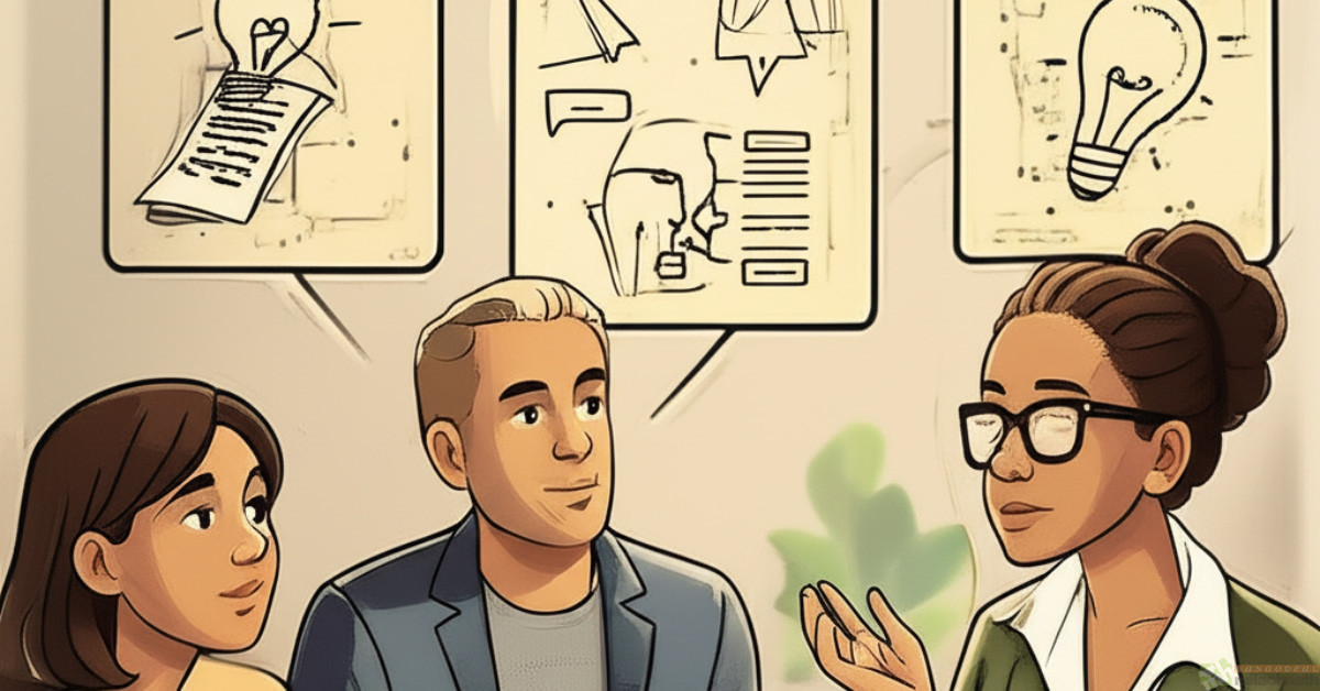 Cartoon illustration of three diverse business partners collaborating on new ideas at a table with a laptop, notebooks, and a coffee mug, with thought bubbles above.