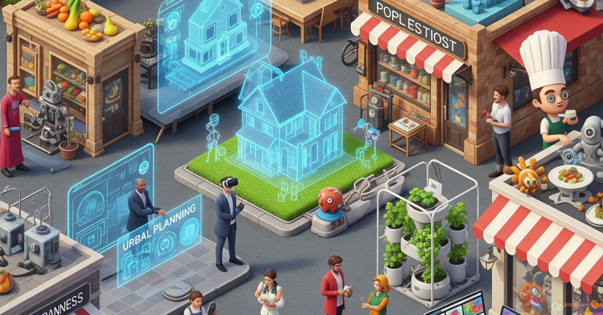 Futuristic marketplace in the USA showcasing diverse small business opportunities, including a drone delivering groceries, a holographic storefront for real estate, a robot repair service, a chef using 3D food printing, a virtual reality urban planning experience, and a vertical farm.