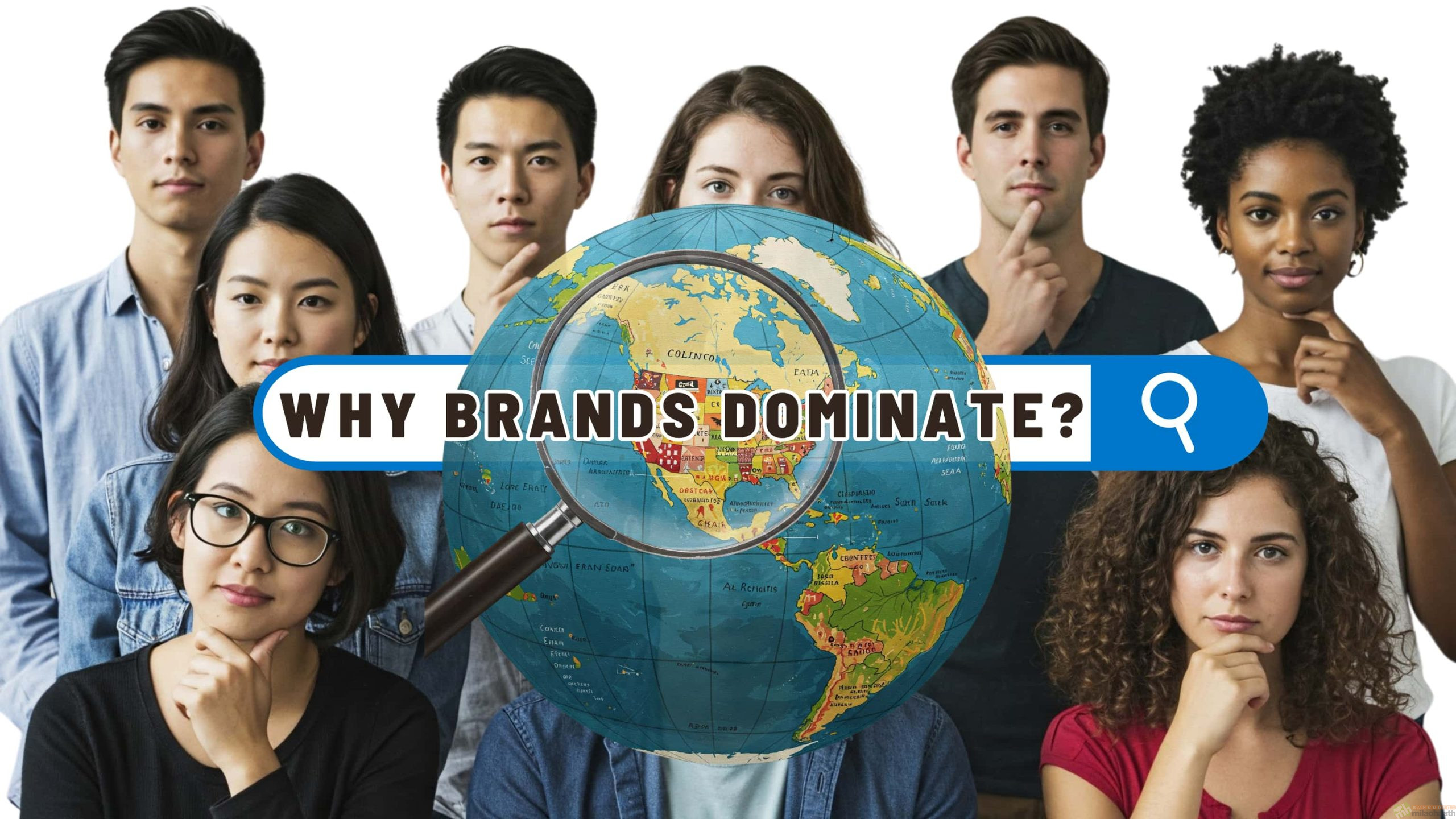 A diverse group of eight individuals is positioned behind a central graphic. The central graphic features a globe with a magnifying glass focused on North America, particularly the United States. Superimposed over the globe is the text "WHY BRANDS DOMINATE?" in bold white letters, flanked by a blue search icon. The individuals behind the globe are looking towards the viewer with thoughtful expressions, some with their chins resting on their hands. The background is plain white.