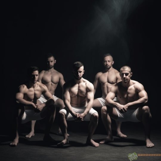 Prompt 4: a gang of five masculine men, posing body building poses, low angle shot from the floor, studio lighting –v 5