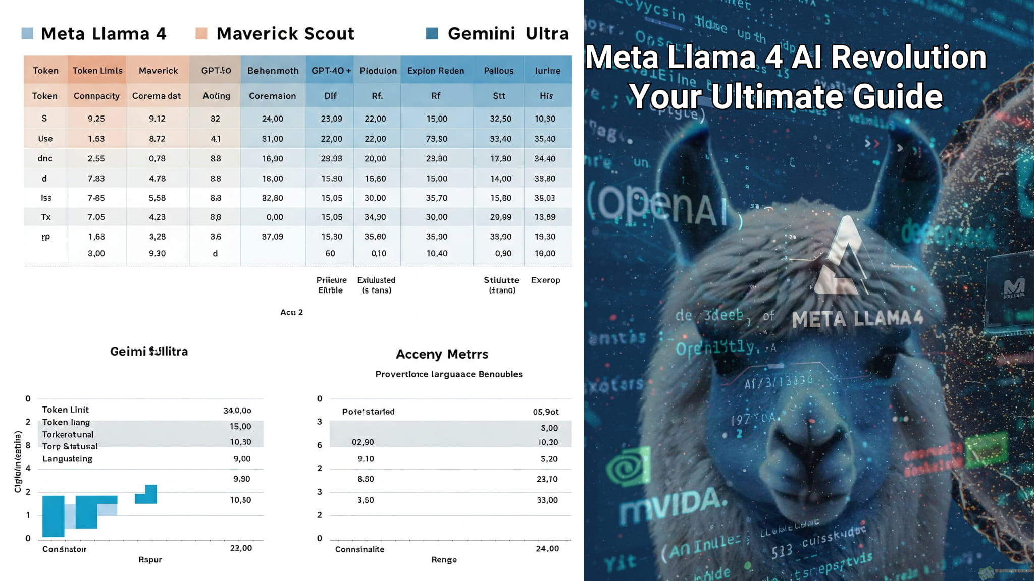 Side-by-side comparison chart: Meta Llama 4 Scout vs. Maverick vs. Behemoth vs. GPT-4o and Gemini Ultra, highlighting token limits, costs, and accuracy metrics.