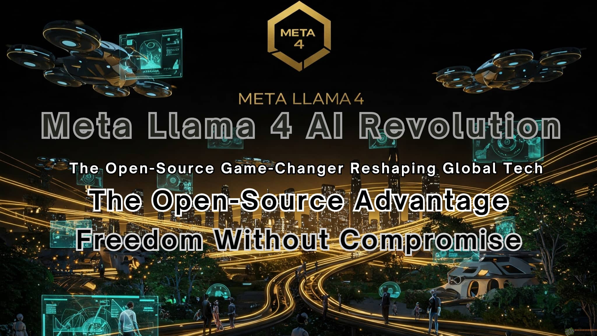 Futuristic neural network globe with Meta Llama 4 Scout, Maverick, and Behemoth models powering interconnected AI ecosystems